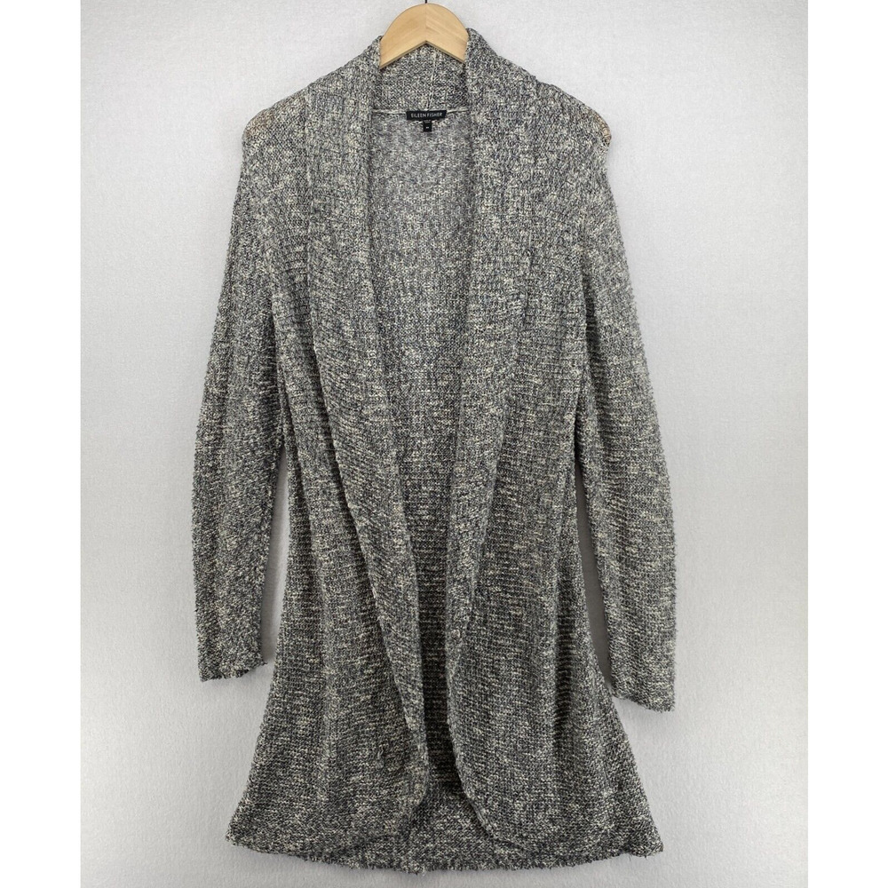EILEEN FISHER Cardigan M Cotton Blend Marled Shawl Open Front Long Sleeve Gray - Picture 1 of 15